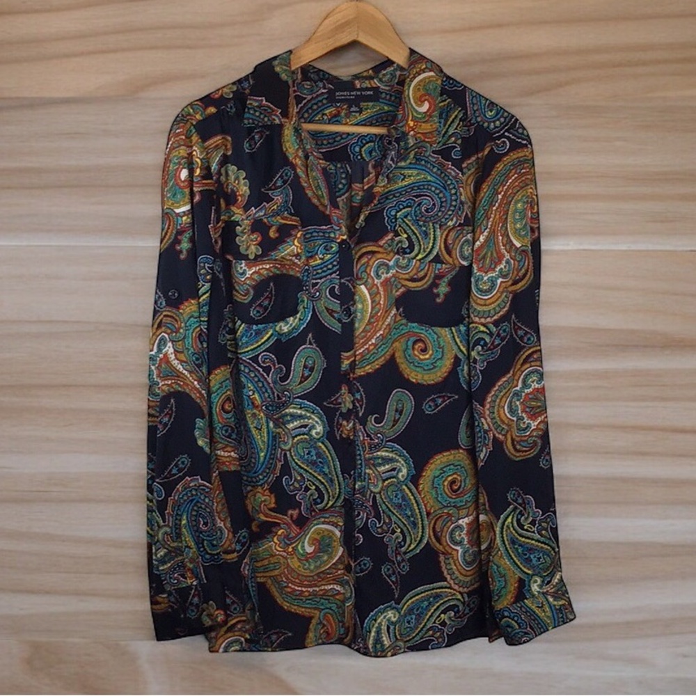 💖 Jones New York | Paisley Satin Button Front Shirt Size Large